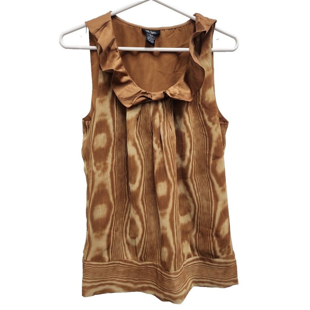 Bob Mackie Womens Wearable Art Top Medium Brown Ruffled Neck Sleeveless Blouse